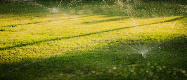 sprinklers on a green San Angelo lawn at sunset